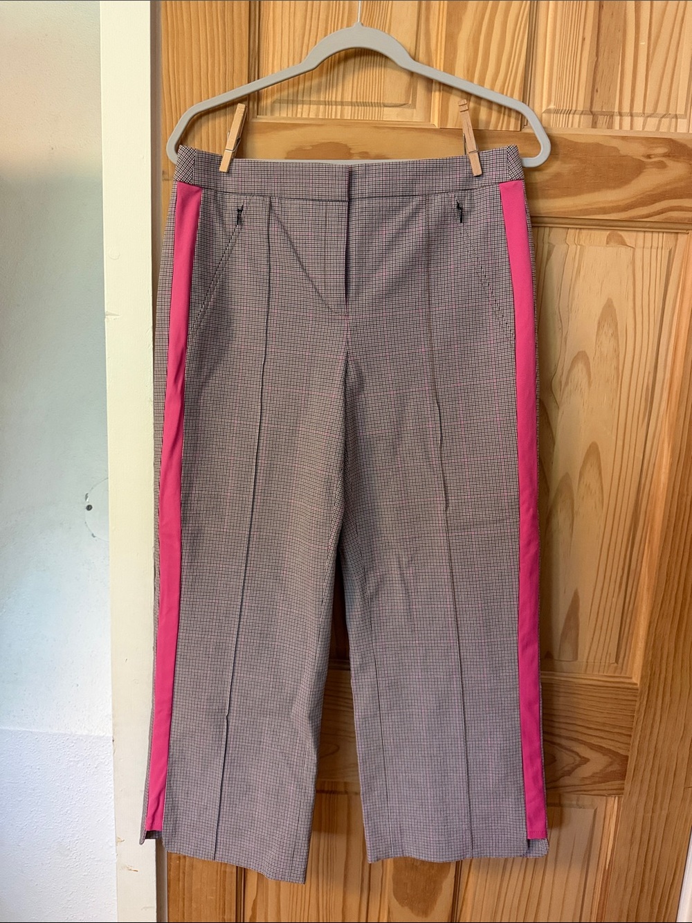 Carlisle Gray Plaid Cropped Trousers with Pink Side Stripe